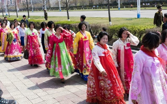 North Korean women in traditional attire. (Moshe Shai)