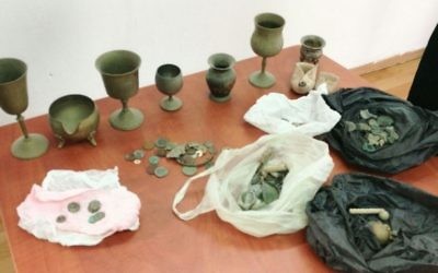 Antiquities recovered in a police raid on a Palestininan home in Beit Ula, near Hebron on May 10, 2017. (Police Spokesperson)