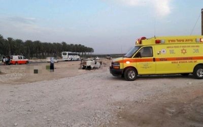 The scene of a fatal car crash on Route 90, outside Moshav Masu'a on May 18, 2017. (Magen David Adom, courtesy)