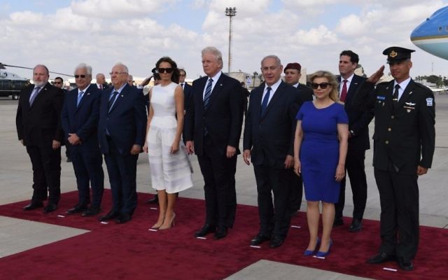 US Ambassador to Israel David Friedman (2nd-L), President Reuven Rivlin (3rd-L), First Lady Melania Trump (C-L), US President Donald Trump (C-R), Prime Minister Benjamin Netanyahu (3rd-R) and Sara Netanyahu (2nd-R) seen at Ben Gurion International Airport during a ceremony marking American president's departure from Israel on May 23, 2017. (Koby Gideon/GPO) US Ambassador to Israel David Friedman (2nd-L), President Reuven Rivlin (3rd-L), First Lady Melania Trump (C-L), US President Donald Trump (C-R), Prime Minister Benjamin Netanyahu (3rd-R) and Sara Netanyahu (2nd-R) seen at Ben Gurion International Airport during a ceremony marking American president's departure from Israel on May 23, 2017. (Koby Gideon/GPO)