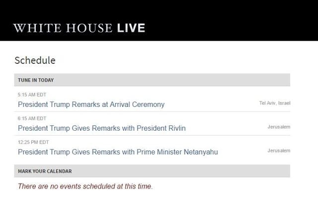 Screen capture from the White House website showing titles with Tel Aviv and Jerusalem datelines. (screen capture: The White House)