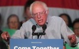Bernie Sanders speaking to a crowd of supporters at a Democratic unity rally in Salt Lake City, Utah, April 21, 2017. (George Frey/Getty Images, via JTA)