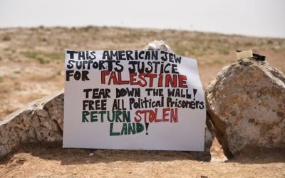 A sign put up by activists on the outskirts of the Sumud Freedom Camp they established on the South Hebron Hills on May 19, 2017, in solidarity with Palestinians. (Credit: Rami Ben Ari) A sign put up by activists on the outskirts of the Sumud Freedom Camp they established on the South Hebron Hills on May 19, 2017, in solidarity with Palestinians. (Credit: Rami Ben Ari)