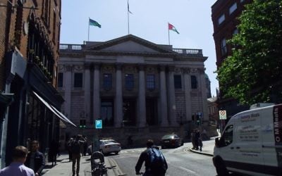 The Palestinian flag flies over Dublin's City Hall on May 9, 2017 following a vote by the city council. (Michael Riordan/Times of Israel)