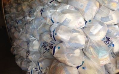Christians for Israel food parcels waiting to be delivered in Ukraine, May 10, 2017. (Sue Surkes)
