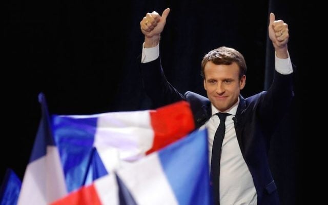 Emmanuel Macron speaking at the Porte de Versailles center in Paris, France, after advancing to the next round of France’s presidential election, April 23, 2017.(Sylvain Lefevre/Getty Images)