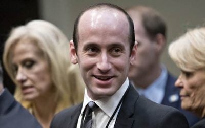 Stephen Miller, White House senior adviser for policy, at a county sheriff listening session with President Donald Trump in the Roosevelt Room of the White House, Feb. 7, 2017. (JTA/Andrew Harrer – Pool/Getty Images)