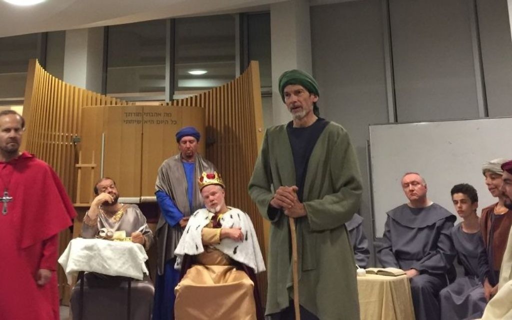At a dress rehearsal of 'Divine Right,' Rabbi David Golinkin (right, in green robes), holds forth as Nahmanides (Jessica Steinberg/Times of Israel) At a dress rehearsal of 'Divine Right,' Rabbi David Golinkin (right, in green robes), holds forth as Nahmanides (Jessica Steinberg/Times of Israel)