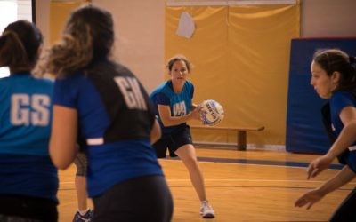 Israel's national netball team practices in Modi'in. The letters on the jerseys specify each player's role on the court. May 5, 2017. (Luke Tress/Times of Israel)