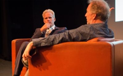 Michael Oren speaks with David Horovitz at a Times of Israel event in Jerusalem, May 28, 2017. (Luke Tress/Times of Israel)