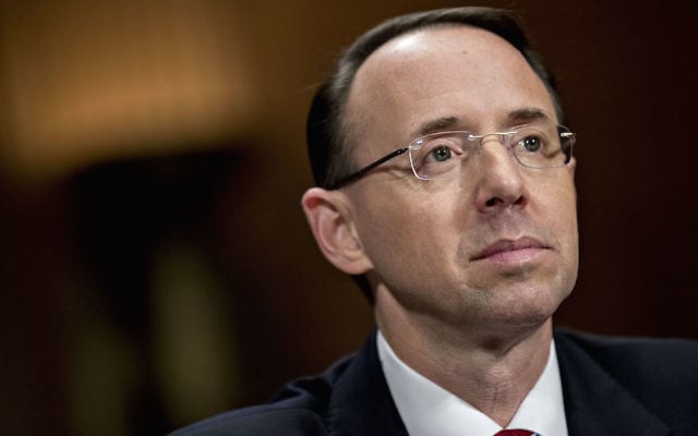 Deputy US Attorney General Rod Rosenstein listens during a Senate Judiciary Committee confirmation hearing in Washington, DC on Tuesday, March 7, 2017. Andrew Harrer/Bloomberg)