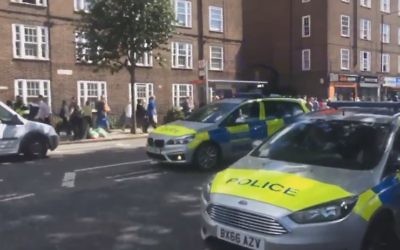 Police gather outside London's Old Vic Theatre, May 27, 2017 (YouTube screenshot)
