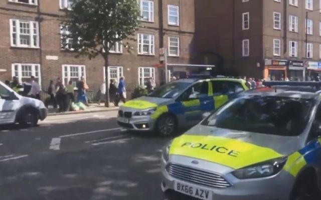 Police gather outside London's Old Vic Theatre, May 27, 2017 (YouTube screenshot) Police gather outside London's Old Vic Theatre, May 27, 2017 (YouTube screenshot)