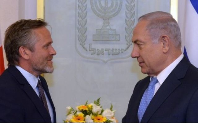 Danish Foreign Minister Anders Samuelsen (L) meeting in Jerusalem with Prime Minister Benjamin Netanyahu on May 17, 2017. (Haim Zach/GPO) Danish Foreign Minister Anders Samuelsen (L) meeting in Jerusalem with Prime Minister Benjamin Netanyahu on May 17, 2017. (Haim Zach/GPO)