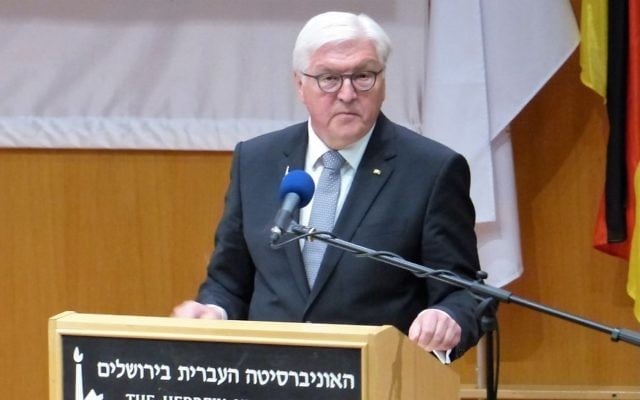 German President Frank-Walter Steinmeier speaking in Jerusalem on May 7, 2017. (Dov Smith/Hebrew University) German President Frank-Walter Steinmeier speaking in Jerusalem on May 7, 2017. (Dov Smith/Hebrew University)