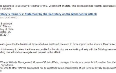 A State Department statement putting Rex Tillerson in Washington, on May 23, 2017.