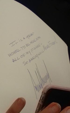 US President Donald Trump's note in the Yad Vashem Holocaust memorial guestbook in Jerusalem. (Courtesy)