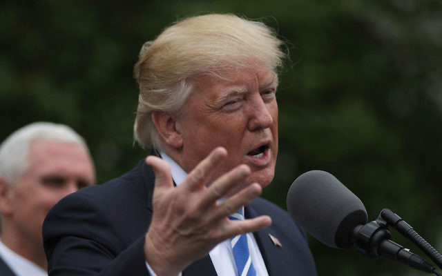 US President Donald Trump speaking at an event in the Kennedy Garden of the White House, May 1, 2017. (Alex Wong/Getty Images via JTA) US President Donald Trump speaking at an event in the Kennedy Garden of the White House, May 1, 2017. (Alex Wong/Getty Images via JTA)