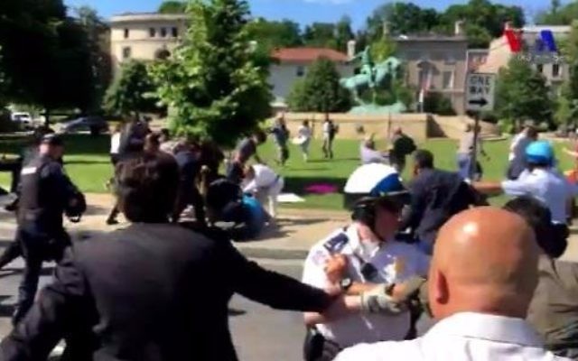 Footage said to be of scuffles outside the Turkish Embassy in DC, May 16, 2017. (Twitter screen capture) Footage said to be of scuffles outside the Turkish Embassy in DC, May 16, 2017. (Twitter screen capture)