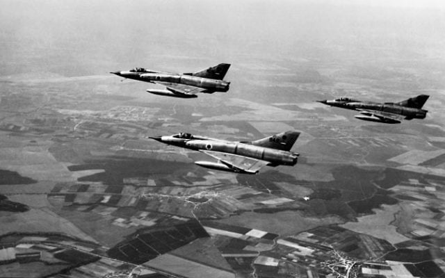 This file photo taken on June 5, 1967 shows Israeli airforce Dassault Mirage III fighters flying over the Sinai Peninsula at the Israeli-Egyptian border on the first day of the Six Day War. (AFP) This file photo taken on June 5, 1967 shows Israeli airforce Dassault Mirage III fighters flying over the Sinai Peninsula at the Israeli-Egyptian border on the first day of the Six Day War. (AFP)