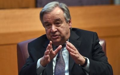 United Nations Secretary-General Antonio Guterres speaks on climate change at the New York University Stern School of Business, in New York on May 30, 2017. (AFP/Jewel Samad) United Nations Secretary-General Antonio Guterres speaks on climate change at the New York University Stern School of Business, in New York on May 30, 2017. (AFP/Jewel Samad)