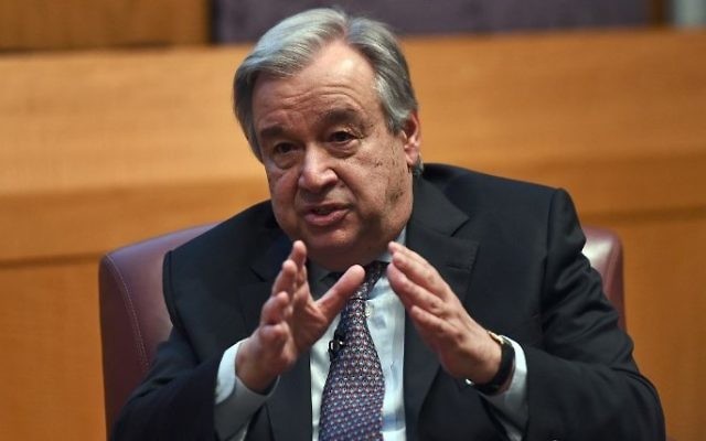 United Nations Secretary-General Antonio Guterres speaks on climate change at the New York University Stern School of Business, in New York on May 30, 2017. (AFP/Jewel Samad) United Nations Secretary-General Antonio Guterres speaks on climate change at the New York University Stern School of Business, in New York on May 30, 2017. (AFP/Jewel Samad)