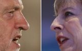 Britain's main opposition Labour party leader Jeremy Corbyn (L) speaking during a general election campaign speech in central London on May 26, 2017 and Britain's Prime Minister Theresa May (R) speaking at the launch of the Scottish manifesto in Edinburgh on May 19, 2017. (AFP PHOTO / Daniel LEAL-OLIVAS AND Dan Kitwood)
