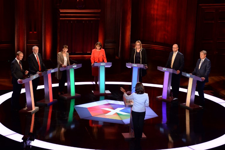 (L-R) Liberal Democrats leader Tim Farron, Labour leader Jeremy Corbyn, Green Party co-leader Caroline Lucas, Plaid Cymru leader Leanne Wood, Home Secretary Amber Rudd, UKIP leader Paul Nuttall and SNP deputy leader Angus Robertson take part in the BBC Election Debate, May 31, 2017. (AFP Photo/Pool/Stefan Rousseau) (L-R) Liberal Democrats leader Tim Farron, Labour leader Jeremy Corbyn, Green Party co-leader Caroline Lucas, Plaid Cymru leader Leanne Wood, Home Secretary Amber Rudd, UKIP leader Paul Nuttall and SNP deputy leader Angus Robertson take part in the BBC Election Debate, May 31, 2017. (AFP Photo/Pool/Stefan Rousseau)