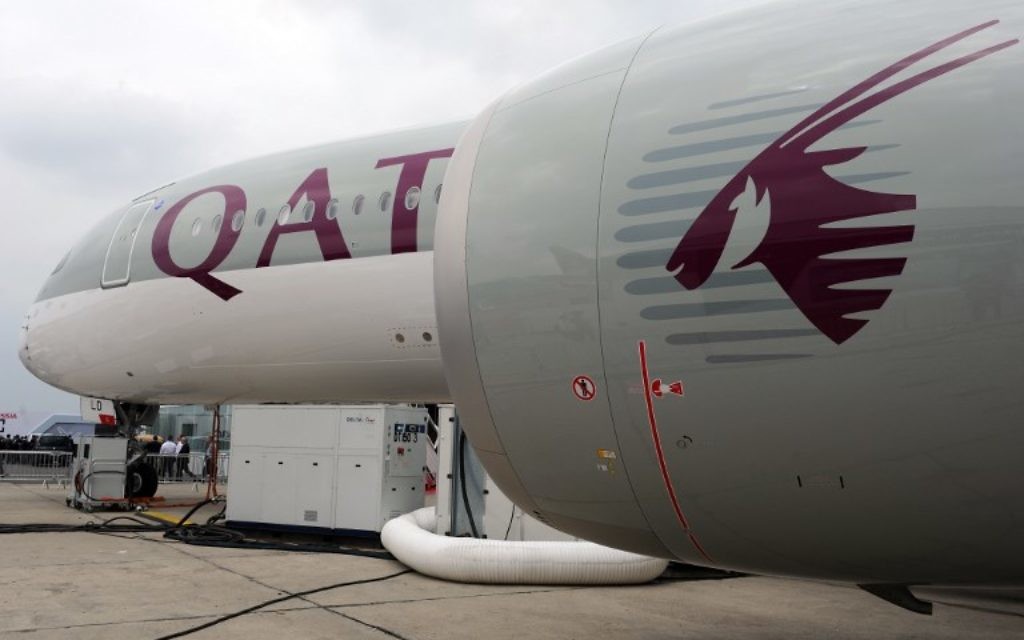 This photo taken on June 15, 2015, shows a Qatar Airways A350 900 on the tarmac during the International Paris Airshow at Le Bourget on June 15, 2015.  (AFP Photo/Eric Piermont)