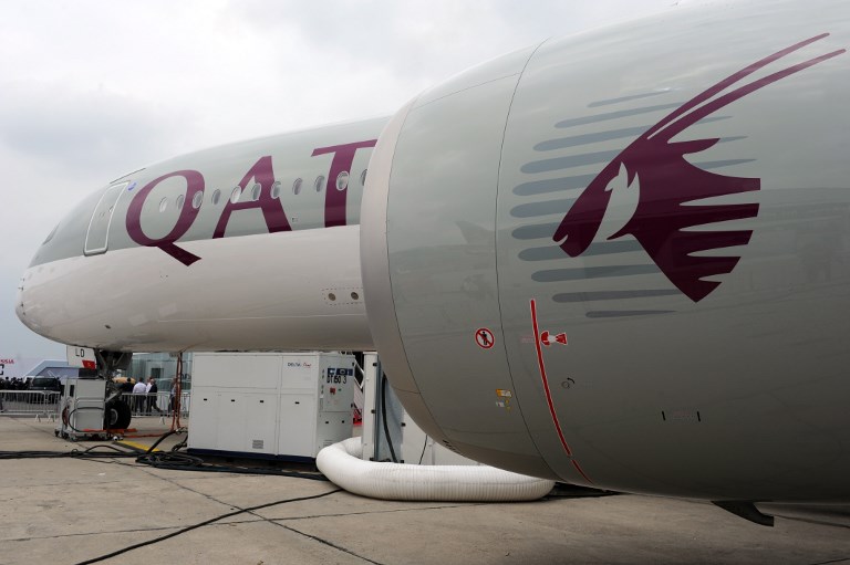 This photo taken on June 15, 2015 shows a Qatar Airways A350 900 on the tarmac during the International Paris Airshow at Le Bourget on June 15, 2015. (AFP PHOTO / ERIC PIERMONT) This photo taken on June 15, 2015 shows a Qatar Airways A350 900 on the tarmac during the International Paris Airshow at Le Bourget on June 15, 2015. (AFP PHOTO / ERIC PIERMONT)