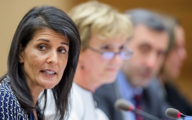 US Ambassador to the United Nations Nikki Haley (L) attends a session entitled 'Human Rights and Democracy in Venezuela' on the sidelines of the United Nations Human Rights Council on June 6, 2017 in Geneva. (AFP/Fabrice Coffrini) US Ambassador to the United Nations Nikki Haley (L) attends a session entitled 'Human Rights and Democracy in Venezuela' on the sidelines of the United Nations Human Rights Council on June 6, 2017 in Geneva. (AFP/Fabrice Coffrini)