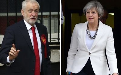 This combination picture shows opposition Labour party leader Jeremy Corbyn voting in north London and British Prime Minister Theresa May voting in Maidenhead on June 8, 2017, during Britain's general elections (Daniel Leal-Olivas/AFP)