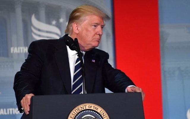 US President Donald Trump addresses supporters at a Faith and Freedom Coalition event in Washington DC on June 8, 2017. (AFP/Nicholas Kamm) US President Donald Trump addresses supporters at a Faith and Freedom Coalition event in Washington DC on June 8, 2017. (AFP/Nicholas Kamm)