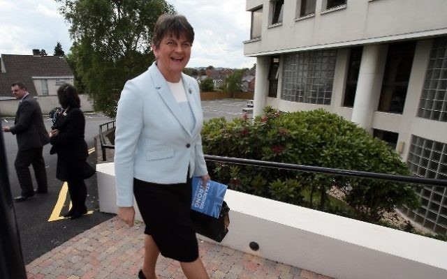 Democratic Unionist Party (DUP) leader, and former Northern Ireland First Minister, Arlene Foster, reacts as she arrives at the Stormont Hotel in Belfast, Northern Ireland, on June 9, 2017, following the result of the general election. (AFP / Paul FAITH)