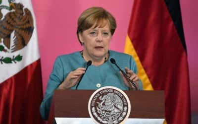 German Chancellor Angela Merkel delivers a speech at the Palacio Nacional in Mexico City on June 9, 2017. Merkel is in Mexico on a two-day official visit. (AFP PHOTO / ALFREDO ESTRELLA)
