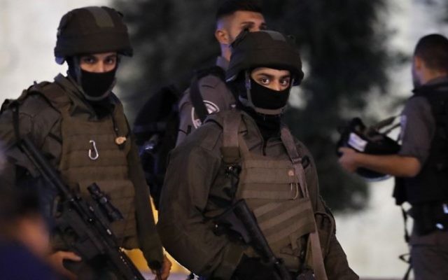 Members of the Israeli security forces patrol outside Damascus Gate in Jerusalem's Old City on June 16, 2017, following an attack in which a Border Police officer, Hadas Malka, was stabbed to death. (AFP Photo/Thomas Coex) Members of the Israeli security forces patrol outside Damascus Gate in Jerusalem's Old City on June 16, 2017, following an attack in which a Border Police officer, Hadas Malka, was stabbed to death. (AFP Photo/Thomas Coex)