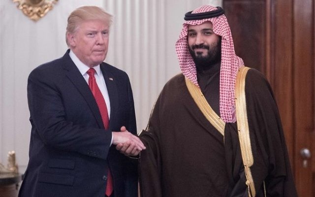 US President Donald Trump, left, and then-Saudi deputy crown prince and defense minister Mohammed bin Salman, in the State Dining Room before lunch at the White House in Washington, DC, March 14, 2017. (AFP/Nicholas Kamm) US President Donald Trump, left, and then-Saudi deputy crown prince and defense minister Mohammed bin Salman, in the State Dining Room before lunch at the White House in Washington, DC, March 14, 2017. (AFP/Nicholas Kamm)