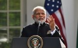 Indian Prime Minister Narendra Modi speaks during a joint press conference with US President Donald Trump (not seen) in the Rose Garden at the White House on June 26, 2017. (AFP Photo/Nicholas Kamm)