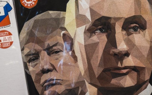 A picture taken on June 27, 2017 shows a T-shirt featuring the US President Donald Trump and Russian President Vladimir Putin with a sign "We Love Russia" on sale at a souvenir shop in Saint Petersburg. (Mladen ANTONOV / AFP) A picture taken on June 27, 2017 shows a T-shirt featuring the US President Donald Trump and Russian President Vladimir Putin with a sign "We Love Russia" on sale at a souvenir shop in Saint Petersburg. (Mladen ANTONOV / AFP)