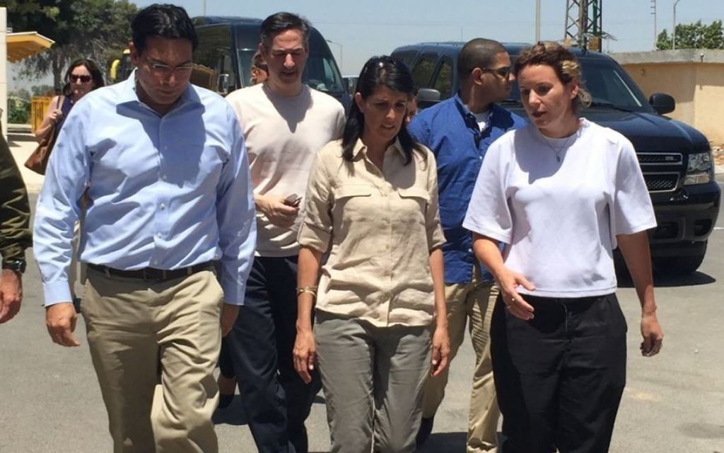 Nikki Haley (C) arrives at Nahal Oz near the Gaza border, accompanied by Israeli Ambassador to the UN Danny Danon, and local resident Yael Raz-Lachyani (Courtesy/ The Israel Project)