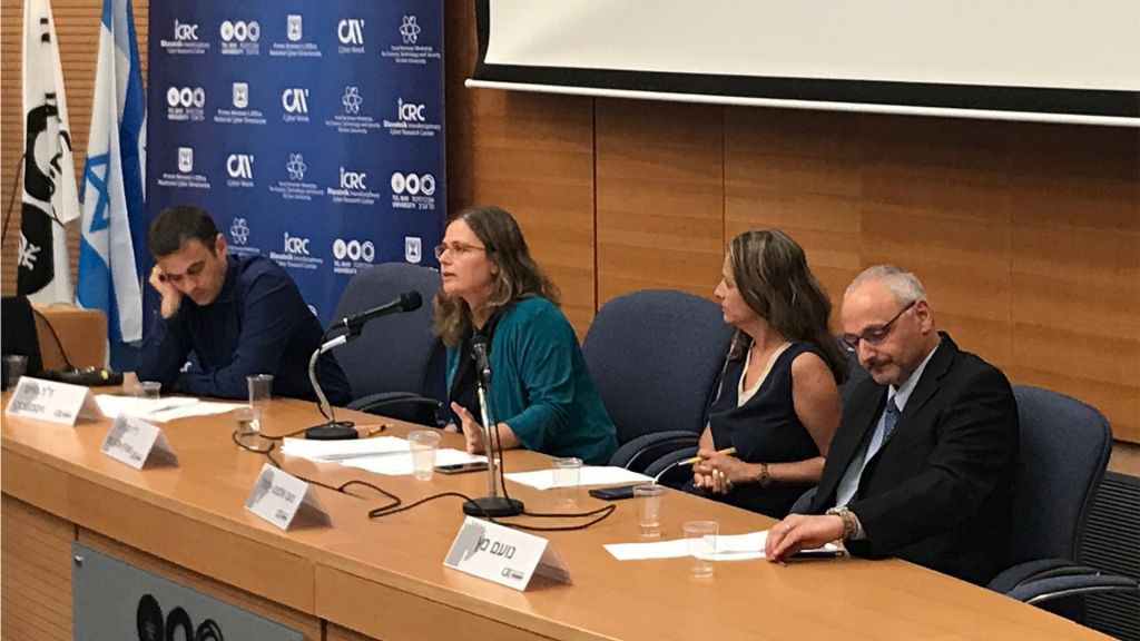 250617_3 Dr. Tehila Shwartz Altshuler, the head of media reform and open government projects at the Israel Democracy Institute, and center, right, Noa Elefant-Loffler, senior public policy manager at Google Israel, speaking at Cyber Week, June 25, 2017 (Shoshanna Solomon/Times of Israel)