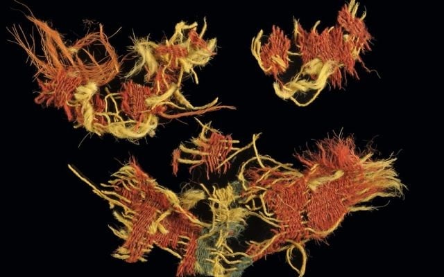 Microscopic magnification (x60) of woolen textile from Timna dyed in red and blue stripes (photo taken with Dino-Lite microscope, Dr. Naama Sukenik, Israel Antiquities Authority) Microscopic magnification (x60) of woolen textile from Timna dyed in red and blue stripes (photo taken with Dino-Lite microscope, Dr. Naama Sukenik, Israel Antiquities Authority)
