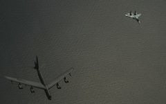 A Russian Su-27 (right) flies alongside a US B-52 bomber over the Baltic Sea on June 6, 2017 (US Air Force/ Sgt. Jonathan Snyder)