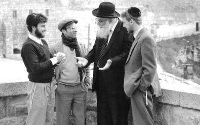 The source of Aish: Rabbi Noach Weinberg, second from right, who founded the Aish HaTorah and oversaw its global growth. The current dispute is between some of his closest devotees. (courtesy)