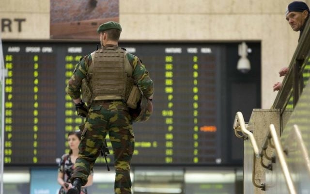 A Belgian Army soldier patrols inside Central Station in Brussels on Wednesday, June 21, 2017. (AP/Virginia Mayo) A Belgian Army soldier patrols inside Central Station in Brussels on Wednesday, June 21, 2017. (AP/Virginia Mayo)