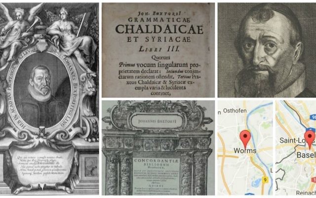 A copy of the 'Concordantiae Bibliorum Hebraicae' by Johannes Buxtorf, published in 1632 in Basel, Switzerland, had a 1686 'footprint' in Worms, Germany. Pictured is, clockwise from left, a portrait of the author Johannes Buxtorf, a detail from another one of Buxtorf's works, a portrait of Buxtorf by a different artist, maps of the footprints, and a page from the 'Bibliorum Hebraicae.' (Public domain, detail of the 'Bibliorum Hebraicae' courtesy of Footprints.)
