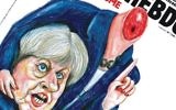 The cover of Charlie Hebdo magazine, showing British Prime Minister Theresa May holding her own severed head in her hands. (Screen capture)
