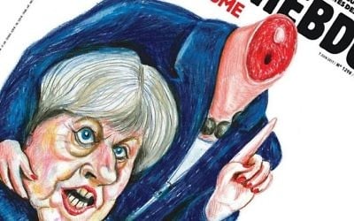 The cover of Charlie Hebdo magazine, showing British Prime Minister Theresa May holding her own severed head in her hands. (Screen capture)