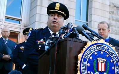 US Capitol Police Chief Matthew Verderosa, with FBI Washington Field Office, Special Agent in Charge Timothy Slater, back right, speaks to reporters outside the FBI Washington Field Office, June 21, 2017 in Washington, during a news conference about the investigative findings to date in the shooting that occurred at Eugene Simpson Stadium Park in Alexandria, Va., on June 14, 2017. (AP Photo/Manuel Balce Ceneta)