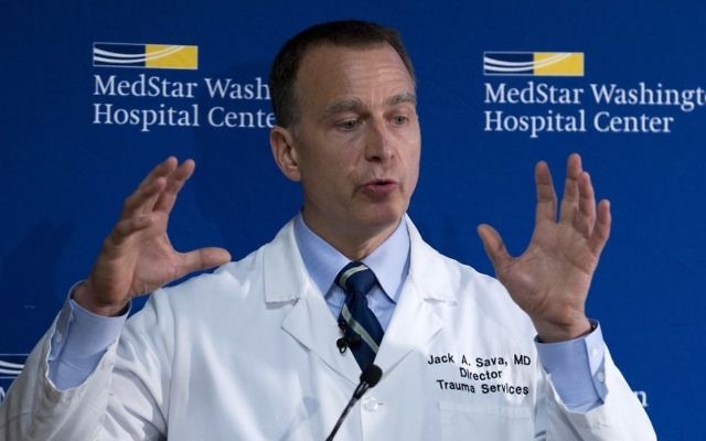 MedStar Washington Hospital Center Director of Trauma Dr. Jack Sava speaks during a news conference in Washington, Friday, June 16, 2017. (AP/Jose Luis Magana)
